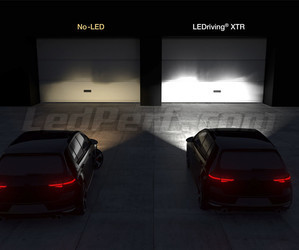 headlights car – comparison before and after fitting the Osram H7 XTR LED in front of garage door.